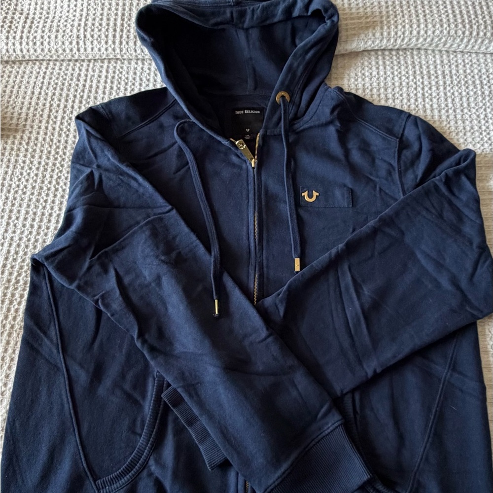 True Religion Navy Blue Zip Hoodie & Joggers Set - Gold Hardware